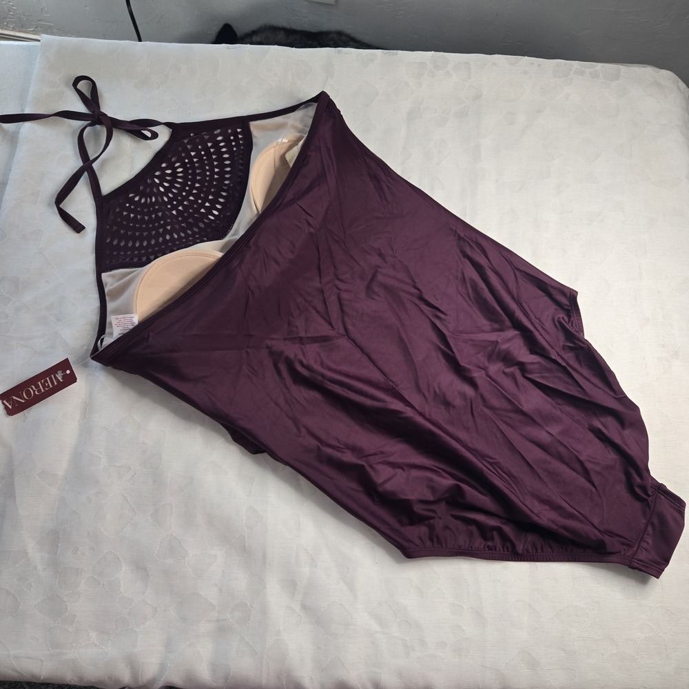 NWT Merona Purple Solid Halter One Piece Swimsuit L Tall Mesh Cutout Padded - Picture 3 of 11